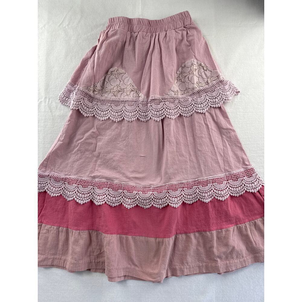 Women’s Pink Crochet Tiered Maxi Skirt Sz M
